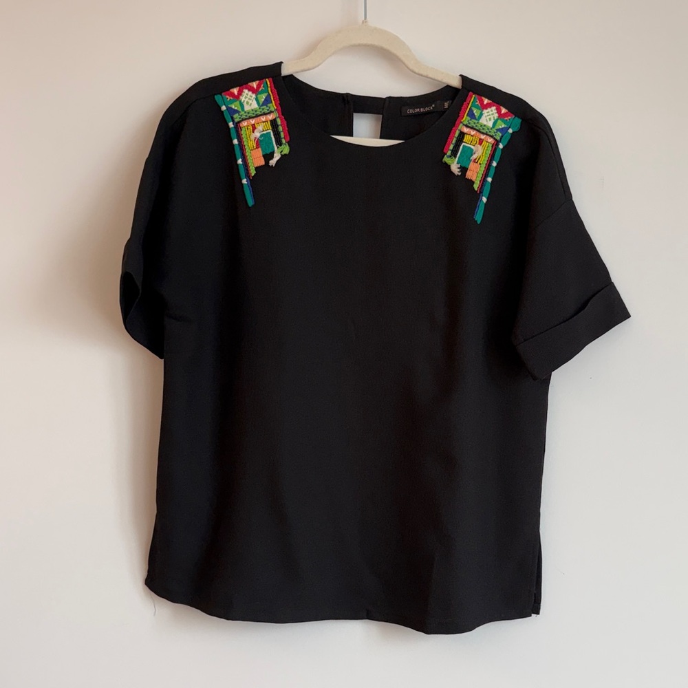 Embroidered Shoulder Black Womens Top